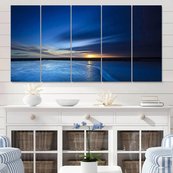 Deep blue ocean sunset triptych canvas art featuring a serene coastal sunset. Ideal for modern interiors. High-quality giclee canvas print.