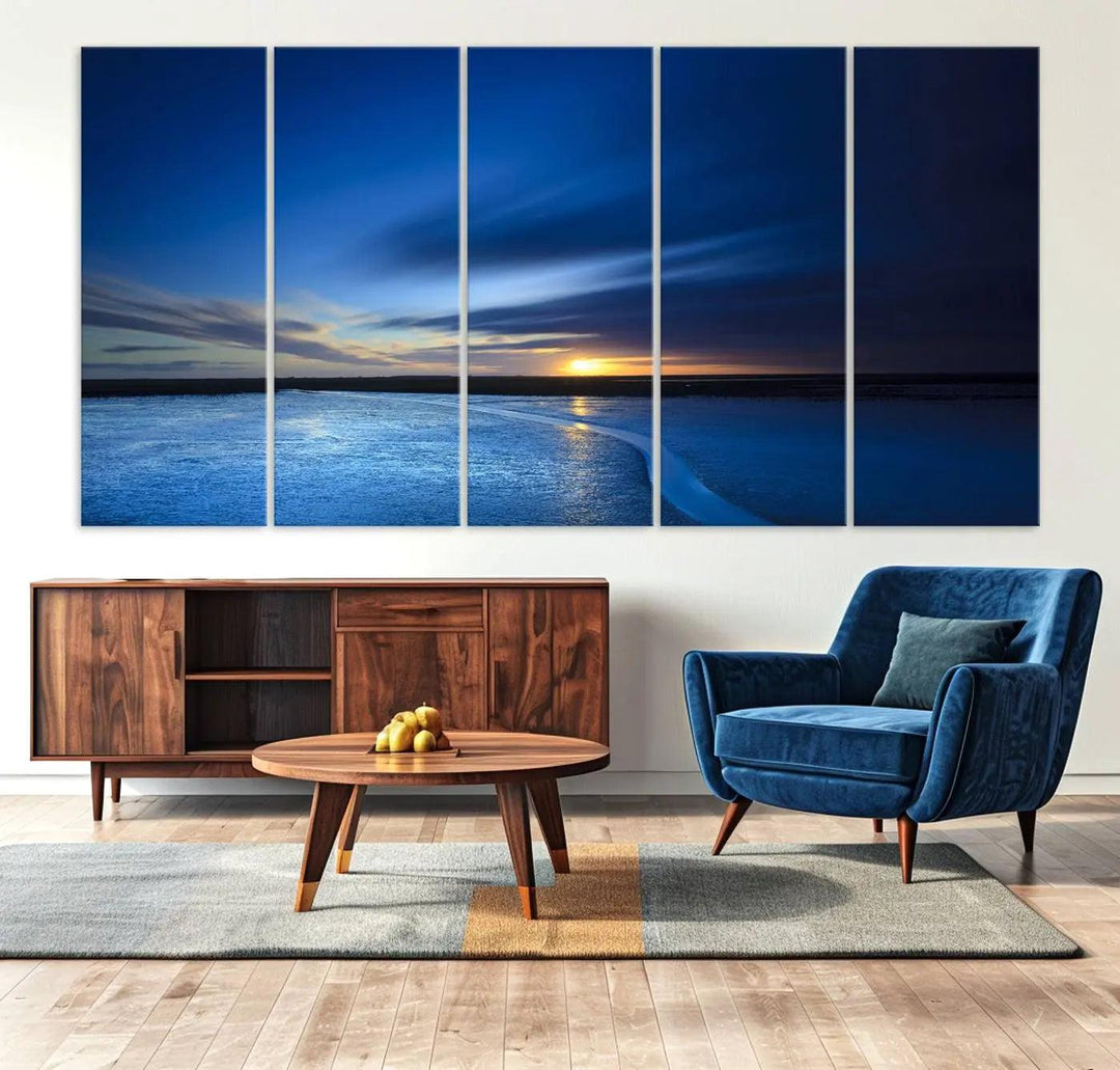 Deep blue ocean sunset triptych canvas art featuring a serene coastal sunset. Ideal for modern interiors. High-quality giclee canvas print.