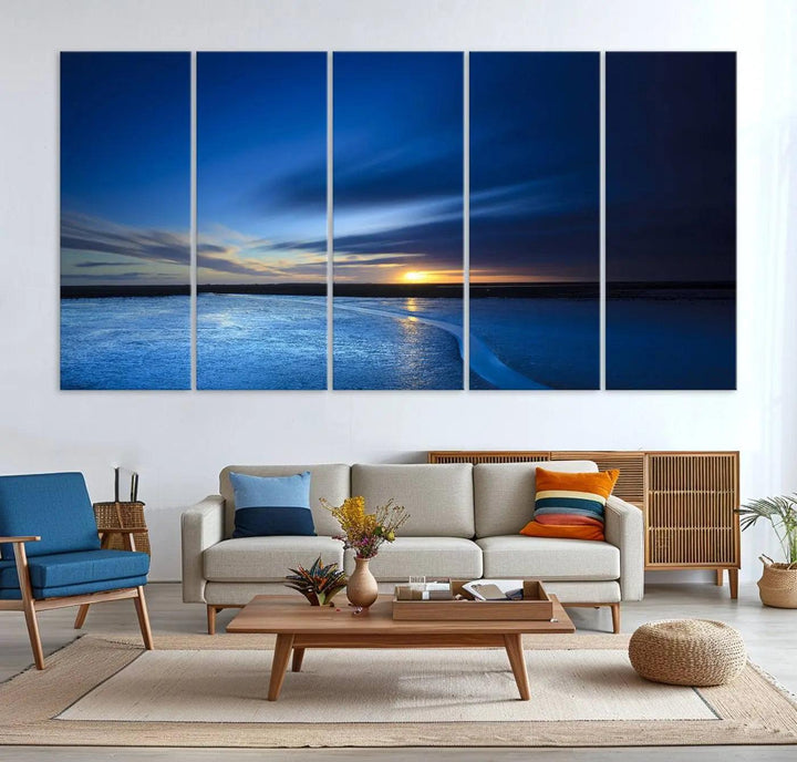 Deep blue ocean sunset triptych canvas art featuring a serene coastal sunset. Ideal for modern interiors. High-quality giclee canvas print.