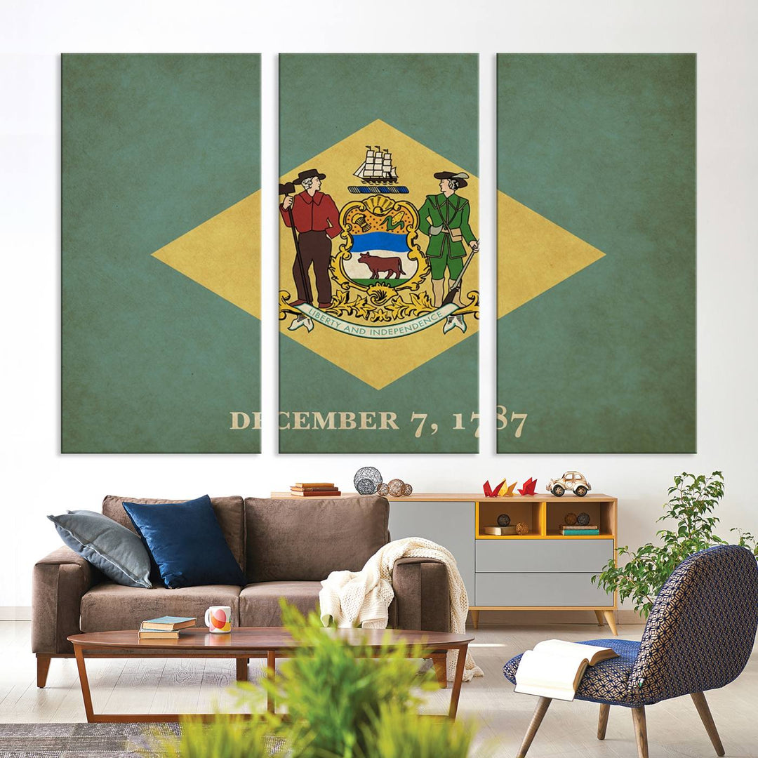 The Delaware States Flag Wall Art Canvas Print, featuring museum-quality material and a UV-protective coating, hangs elegantly, ready to be admired.