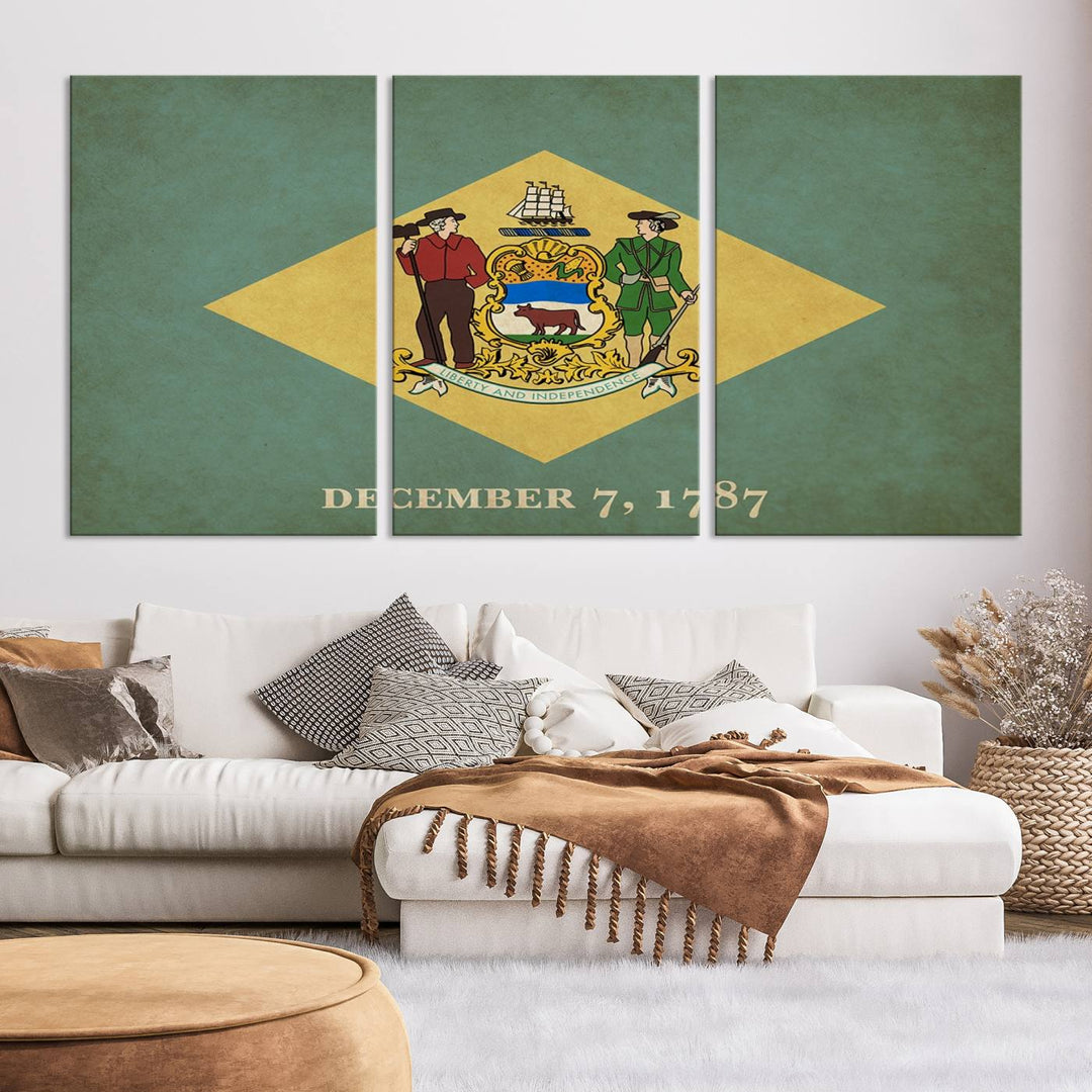 The Delaware States Flag Wall Art Canvas Print, featuring museum-quality material and a UV-protective coating, hangs elegantly, ready to be admired.