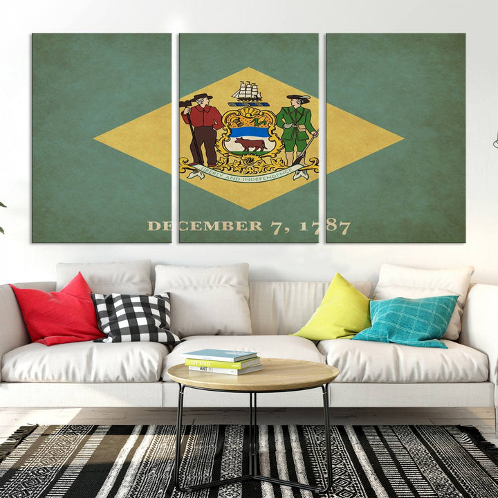 The Delaware States Flag Wall Art Canvas Print, featuring museum-quality material and a UV-protective coating, hangs elegantly, ready to be admired.