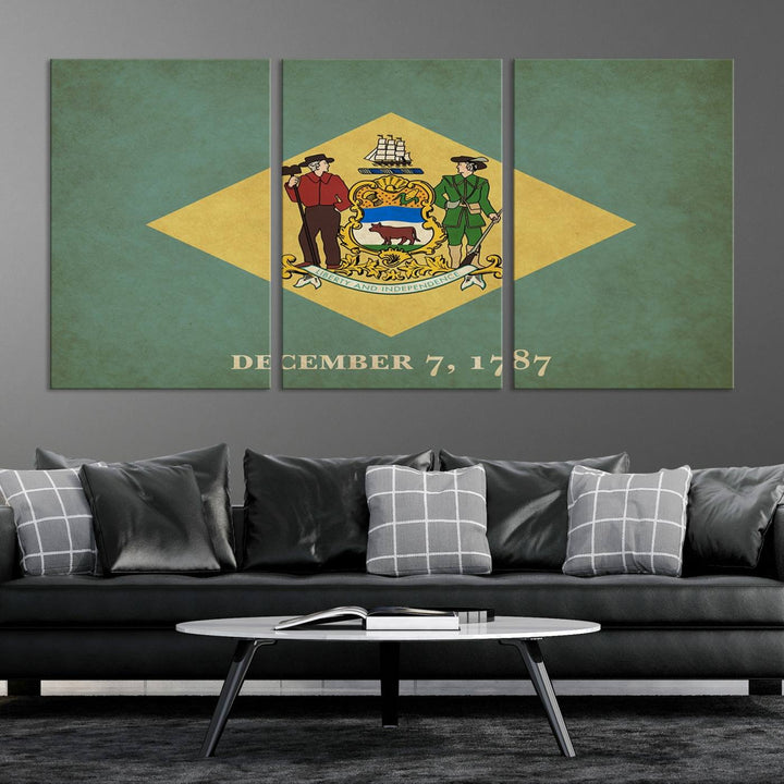 The Delaware States Flag Wall Art Canvas Print, featuring museum-quality material and a UV-protective coating, hangs elegantly, ready to be admired.