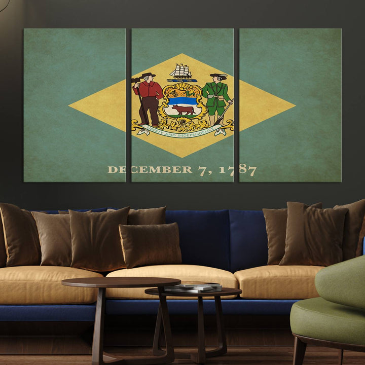 The Delaware States Flag Wall Art Canvas Print, featuring museum-quality material and a UV-protective coating, hangs elegantly, ready to be admired.