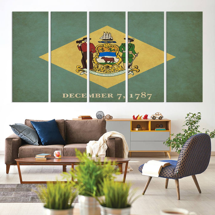 The Delaware States Flag Wall Art Canvas Print, featuring museum-quality material and a UV-protective coating, hangs elegantly, ready to be admired.