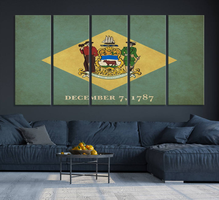 The Delaware States Flag Wall Art Canvas Print, featuring museum-quality material and a UV-protective coating, hangs elegantly, ready to be admired.