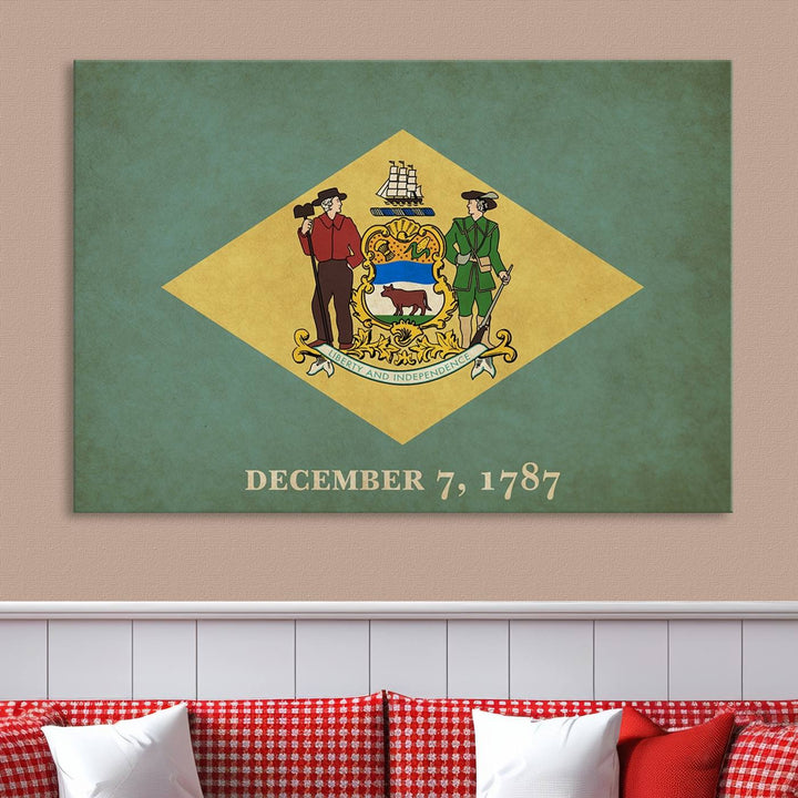 The Delaware States Flag Wall Art Canvas Print, featuring museum-quality material and a UV-protective coating, hangs elegantly, ready to be admired.