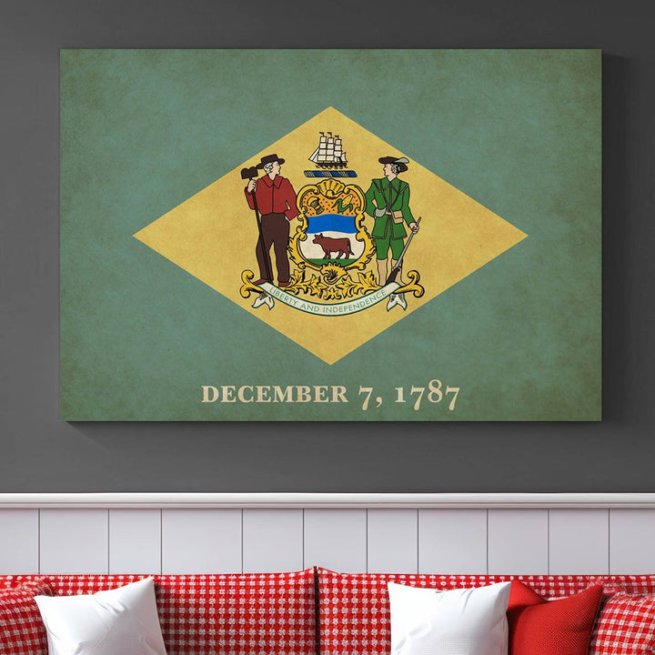 The Delaware States Flag Wall Art Canvas Print, featuring museum-quality material and a UV-protective coating, hangs elegantly, ready to be admired.