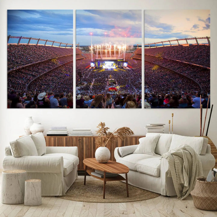 The Denver Broncos Football Team Print of Empower Field at Mile High Stadium adorns the wall, capturing a vibrant concert scene in a packed stadium at sunset with fireworks bursting above. This premium canvas offers an exquisite gallery-quality finish that perfectly complements the lively atmosphere.