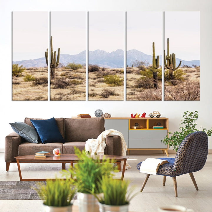 Serene Southwestern Arizona desert landscape featuring saguaro cacti with a mountain backdrop, ready to hang canvas wall art.