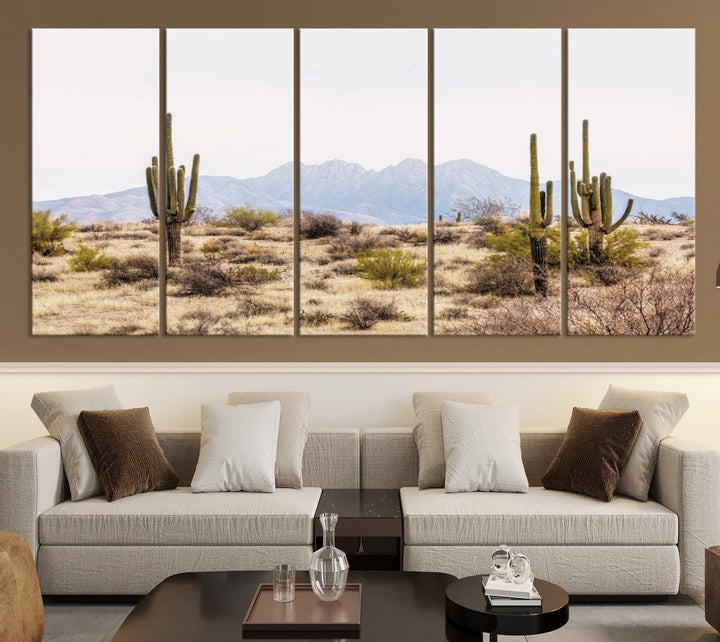 Serene Southwestern Arizona desert landscape featuring saguaro cacti with a mountain backdrop, ready to hang canvas wall art.