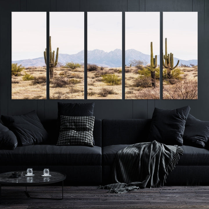 Serene Southwestern Arizona desert landscape featuring saguaro cacti with a mountain backdrop, ready to hang canvas wall art.