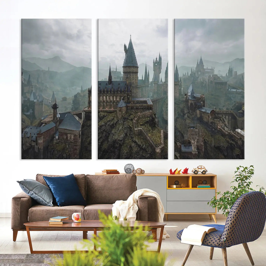 Disney Castle Wall Art Canvas Print, featuring a triptych of a fantasy castle with turrets and mountains in the background, crafted on museum-quality canvas.