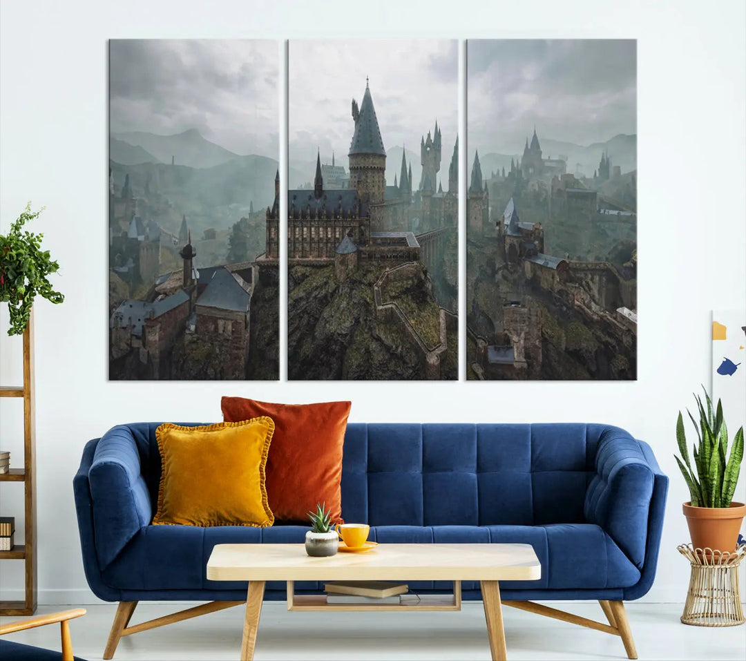 Disney Castle Wall Art Canvas Print, featuring a triptych of a fantasy castle with turrets and mountains in the background, crafted on museum-quality canvas.