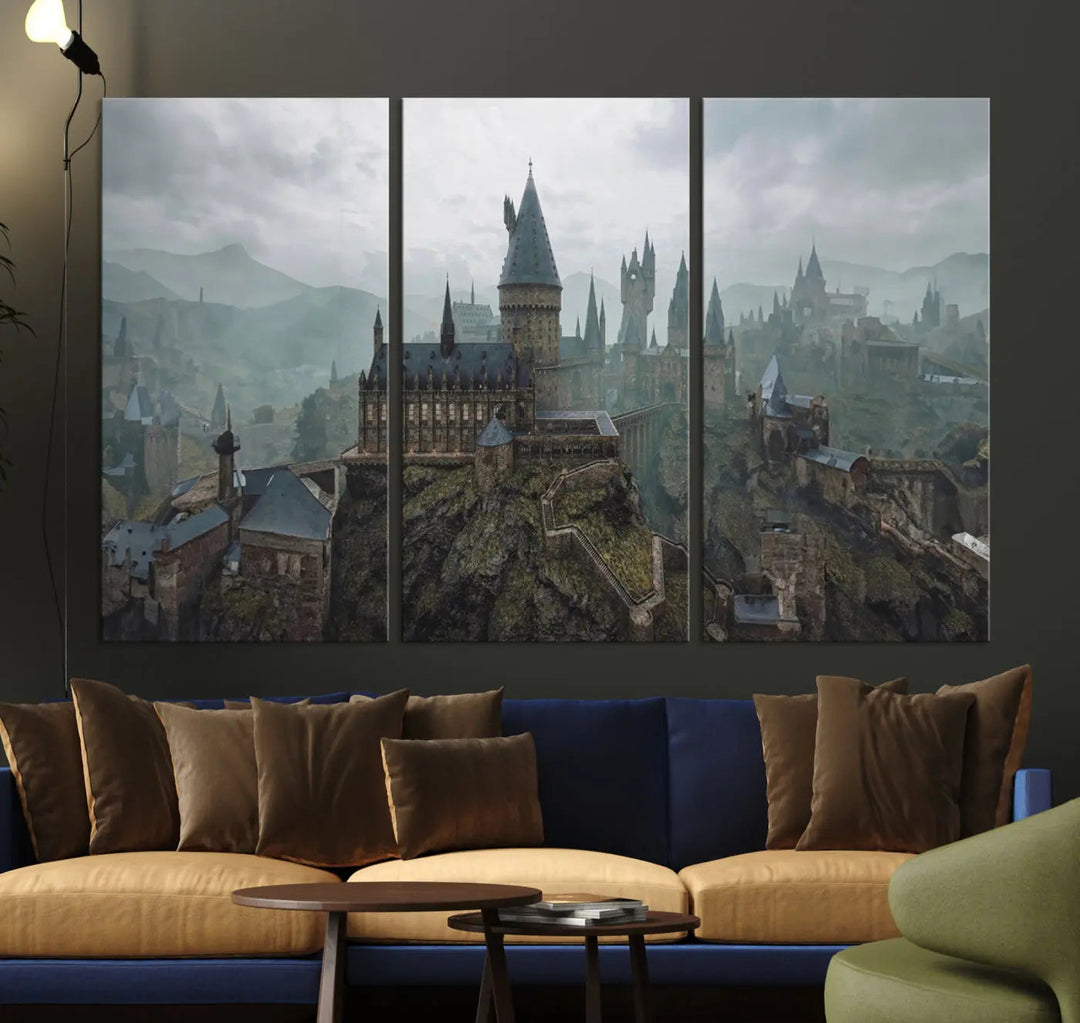 Disney Castle Wall Art Canvas Print, featuring a triptych of a fantasy castle with turrets and mountains in the background, crafted on museum-quality canvas.