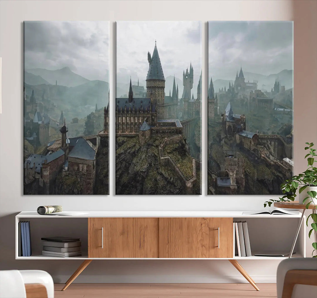 Disney Castle Wall Art Canvas Print, featuring a triptych of a fantasy castle with turrets and mountains in the background, crafted on museum-quality canvas.