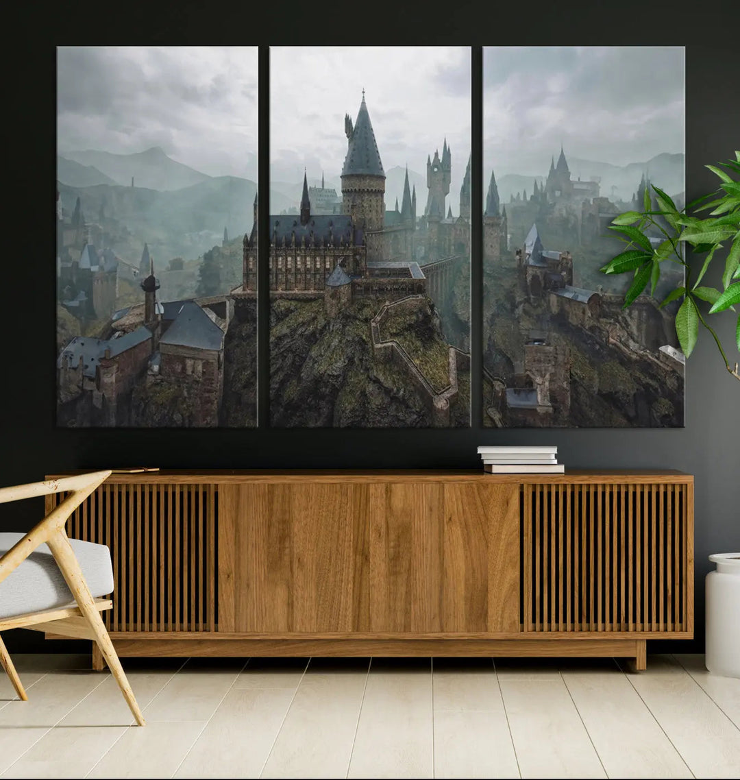 Disney Castle Wall Art Canvas Print, featuring a triptych of a fantasy castle with turrets and mountains in the background, crafted on museum-quality canvas.