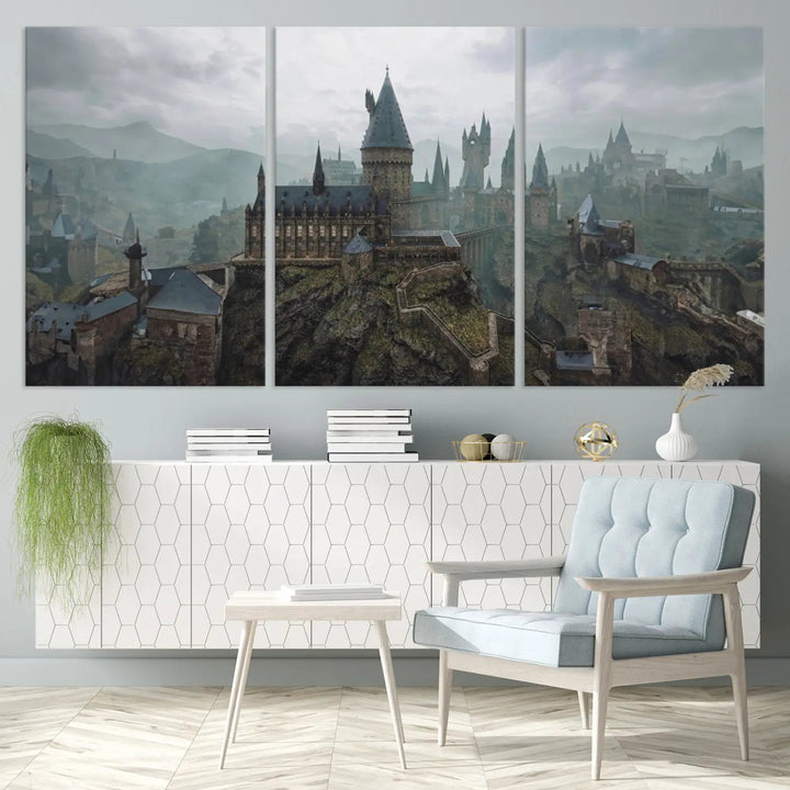 Disney Castle Wall Art Canvas Print, featuring a triptych of a fantasy castle with turrets and mountains in the background, crafted on museum-quality canvas.