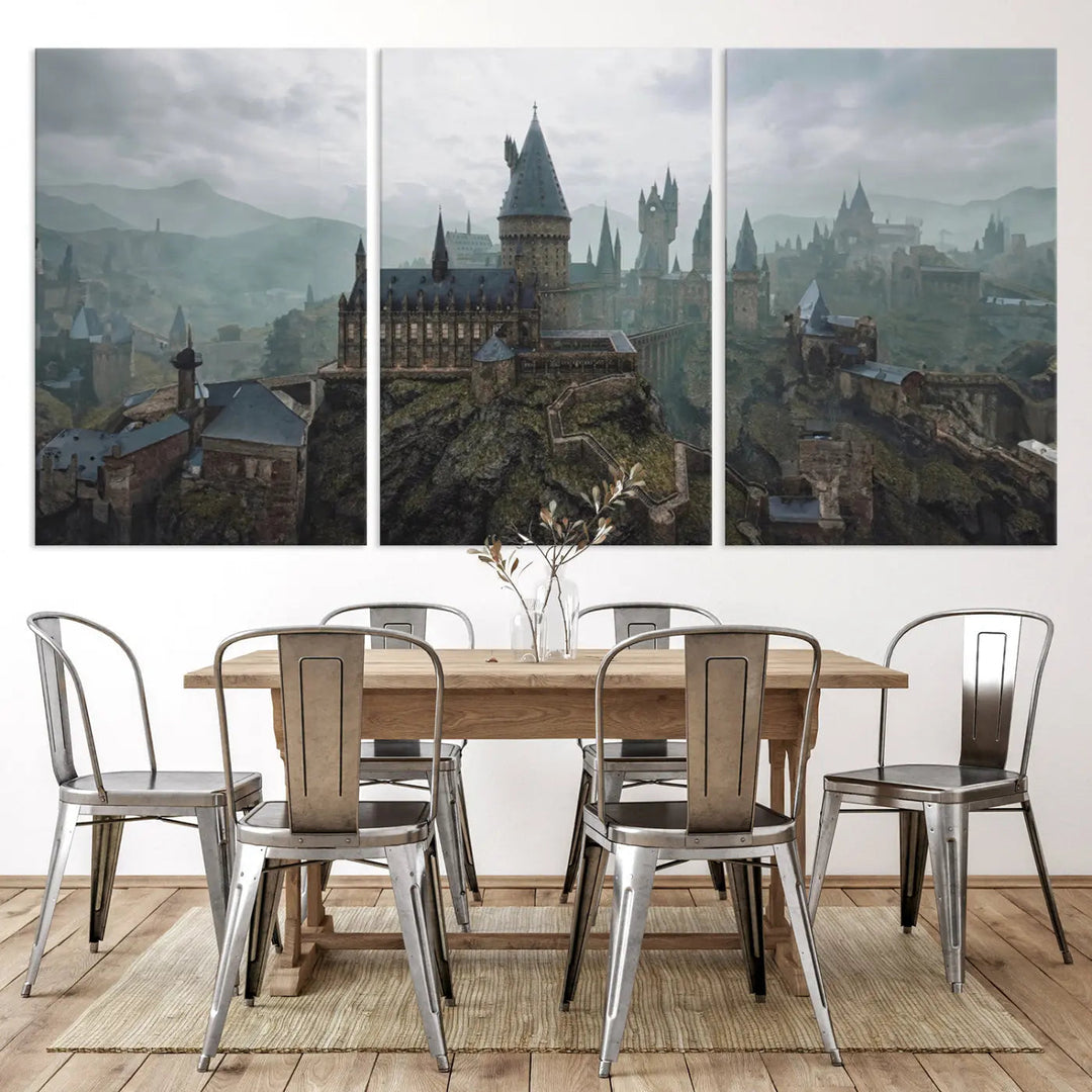 Disney Castle Wall Art Canvas Print, featuring a triptych of a fantasy castle with turrets and mountains in the background, crafted on museum-quality canvas.