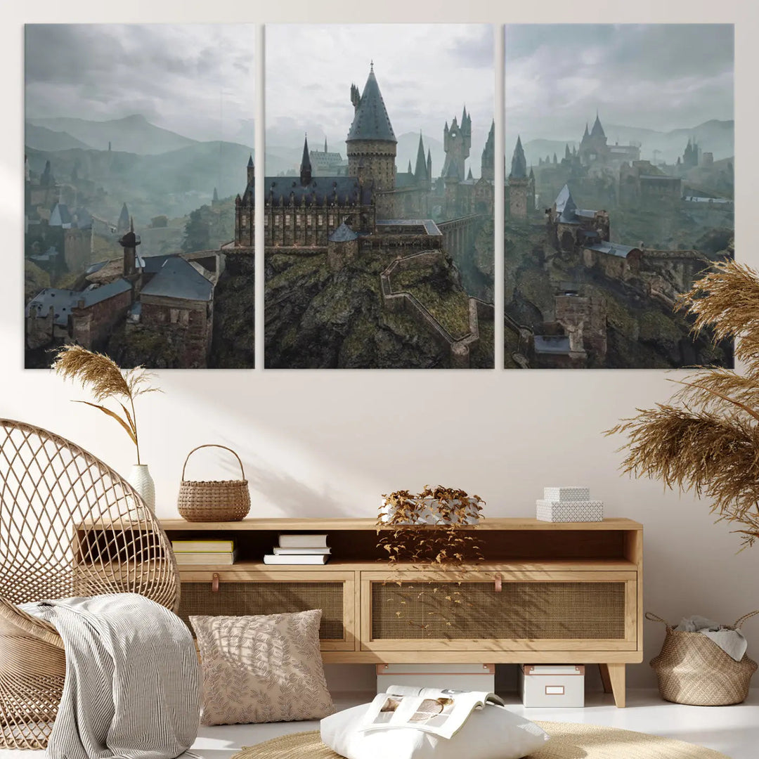 Disney Castle Wall Art Canvas Print, featuring a triptych of a fantasy castle with turrets and mountains in the background, crafted on museum-quality canvas.