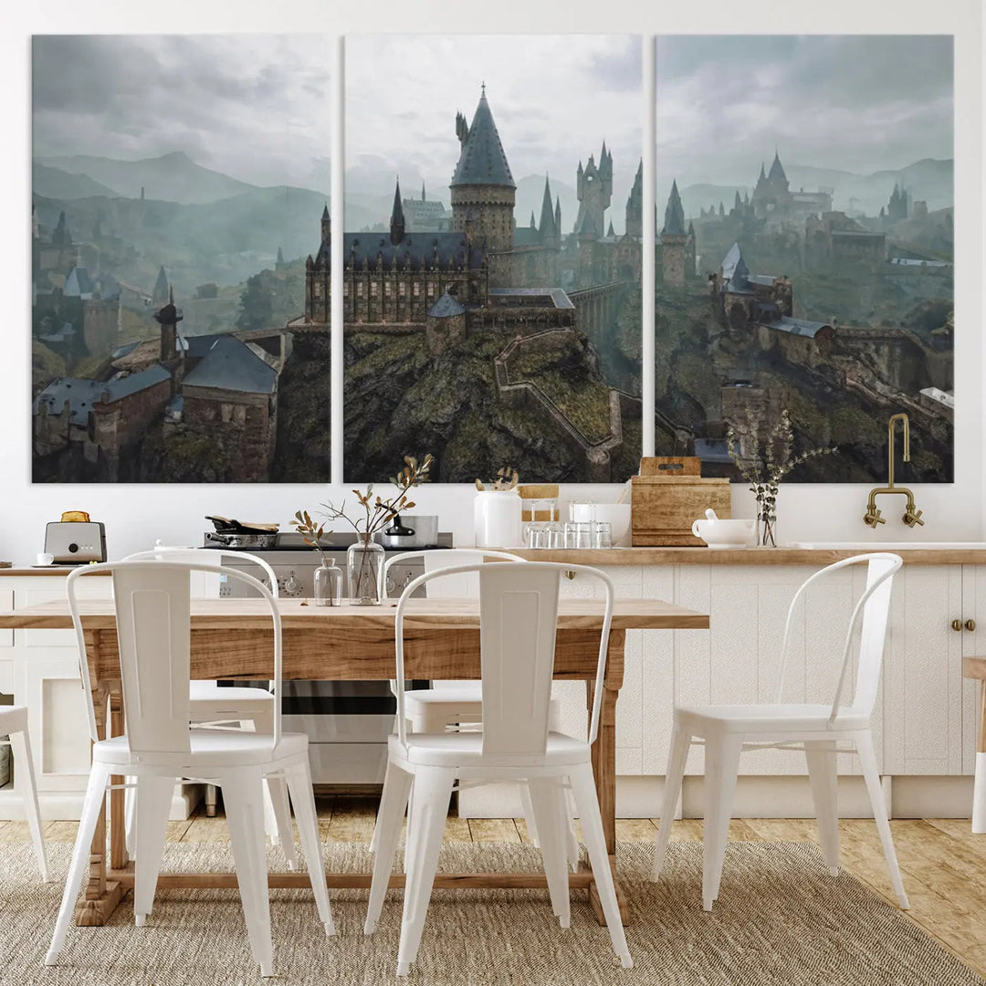 Disney Castle Wall Art Canvas Print, featuring a triptych of a fantasy castle with turrets and mountains in the background, crafted on museum-quality canvas.