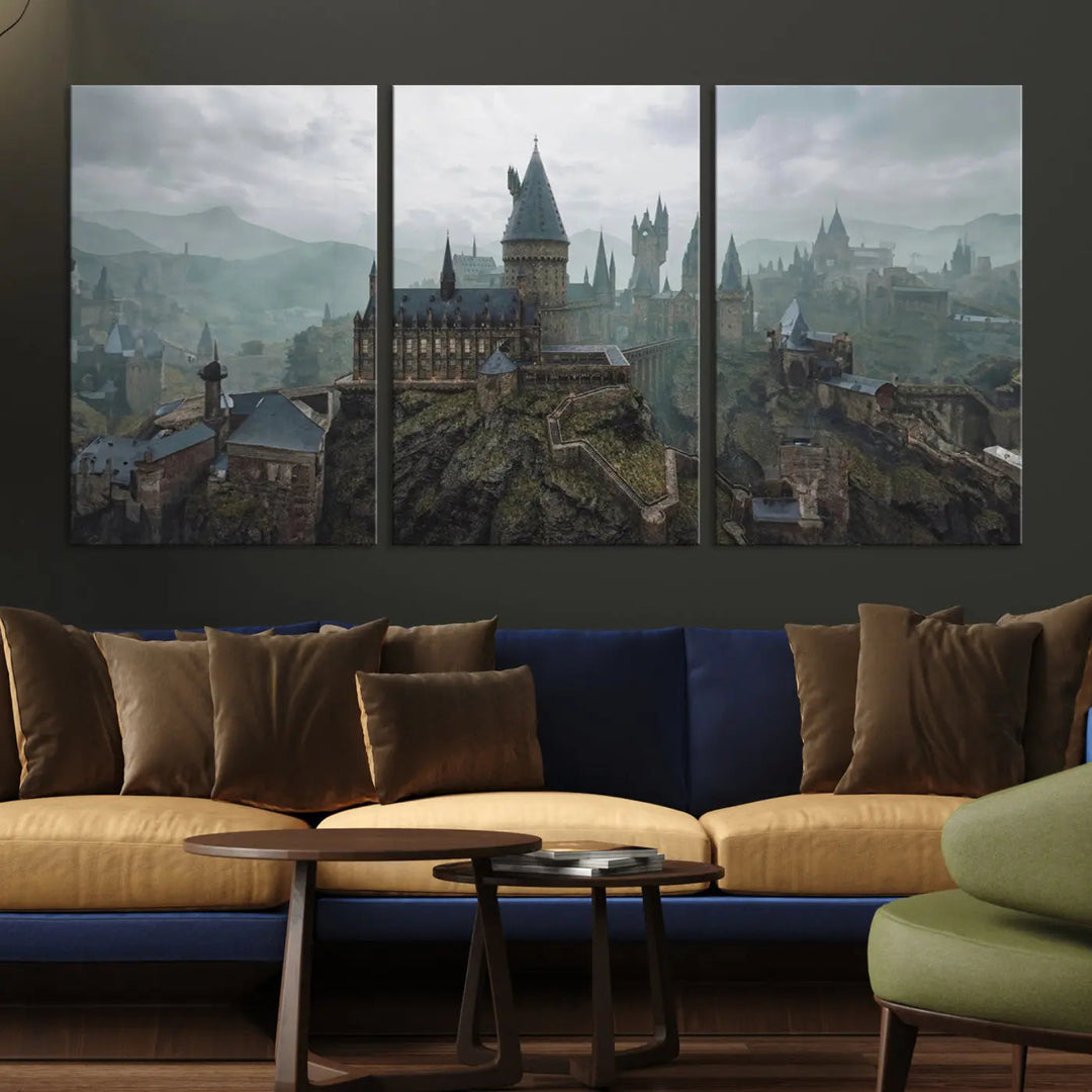 Disney Castle Wall Art Canvas Print, featuring a triptych of a fantasy castle with turrets and mountains in the background, crafted on museum-quality canvas.