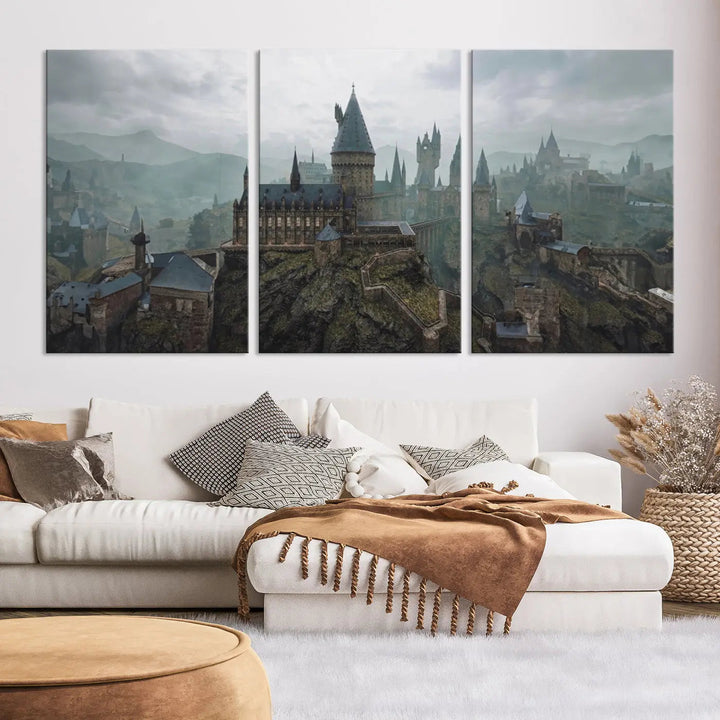 Disney Castle Wall Art Canvas Print, featuring a triptych of a fantasy castle with turrets and mountains in the background, crafted on museum-quality canvas.