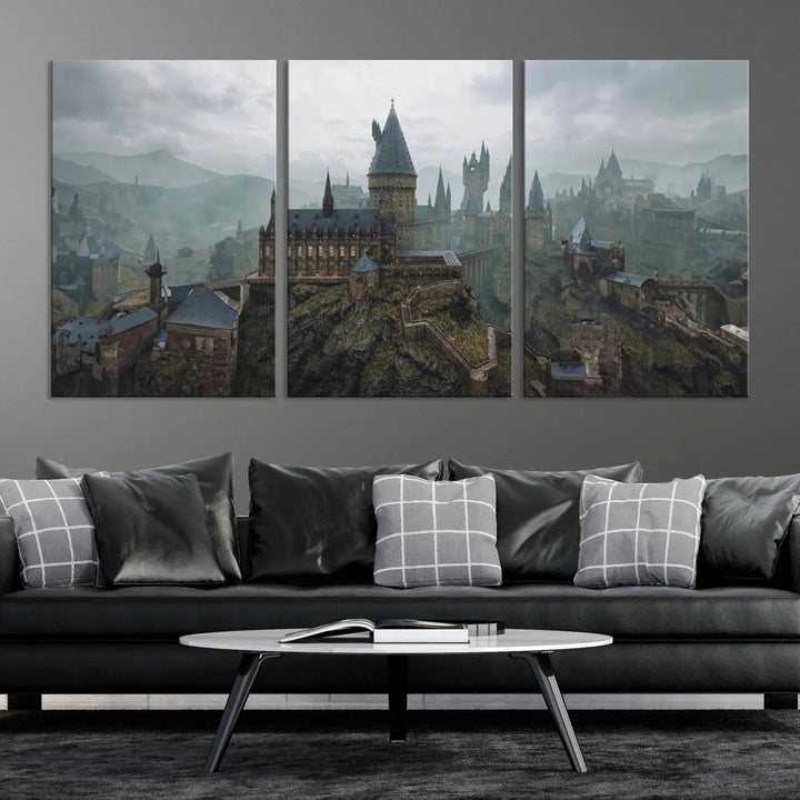 Disney Castle Wall Art Canvas Print, featuring a triptych of a fantasy castle with turrets and mountains in the background, crafted on museum-quality canvas.