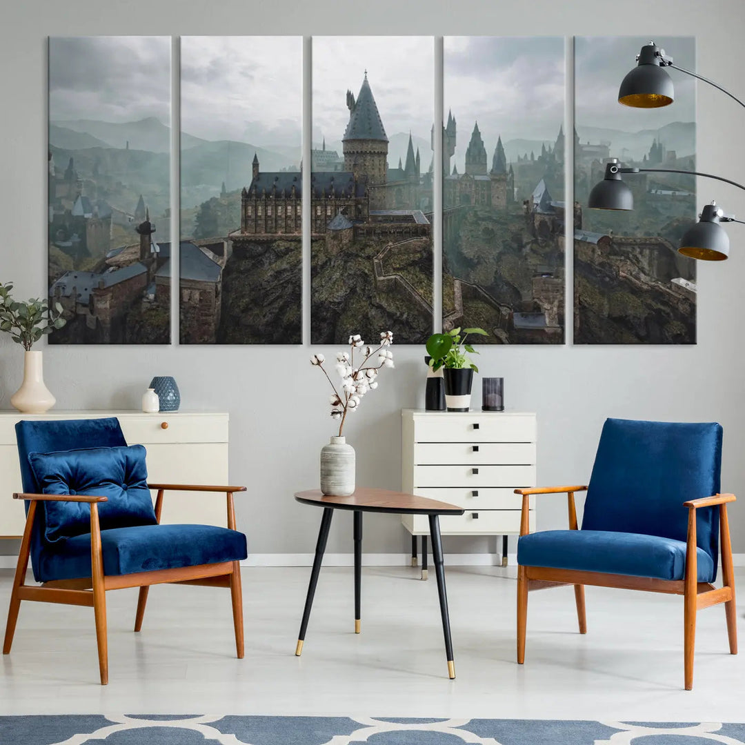 Disney Castle Wall Art Canvas Print, featuring a triptych of a fantasy castle with turrets and mountains in the background, crafted on museum-quality canvas.