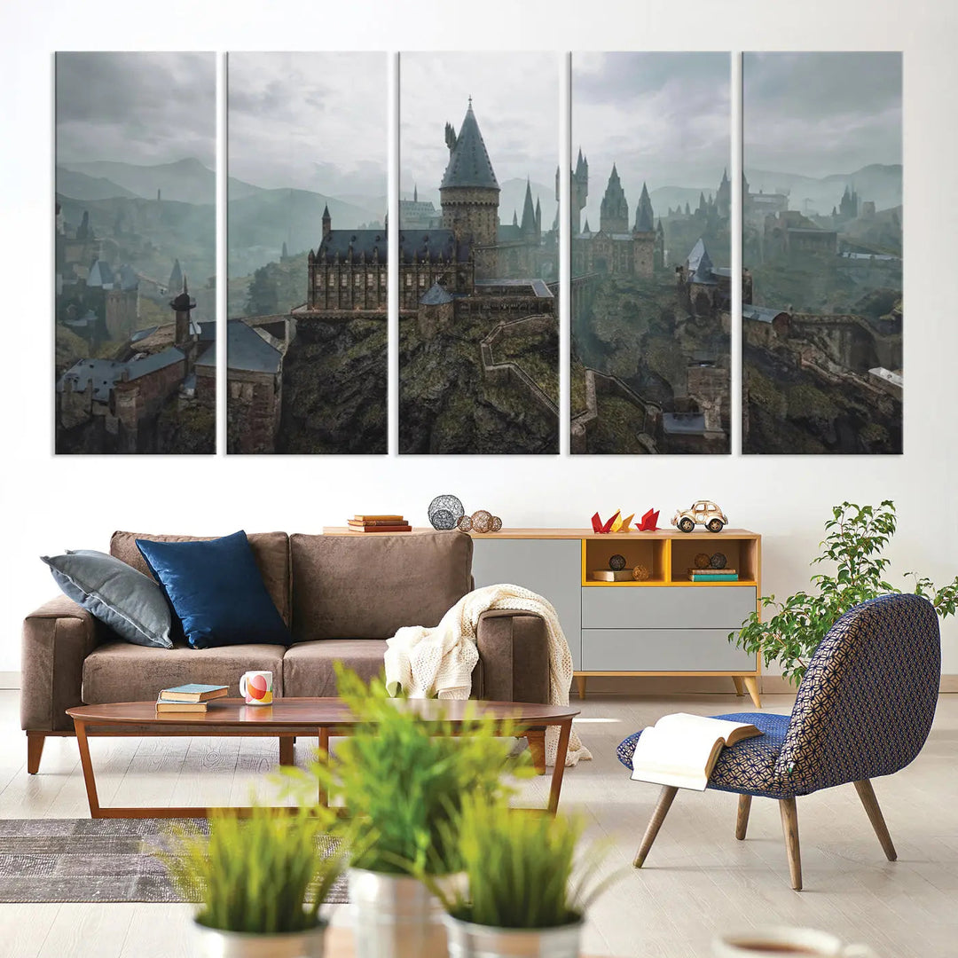 Disney Castle Wall Art Canvas Print, featuring a triptych of a fantasy castle with turrets and mountains in the background, crafted on museum-quality canvas.