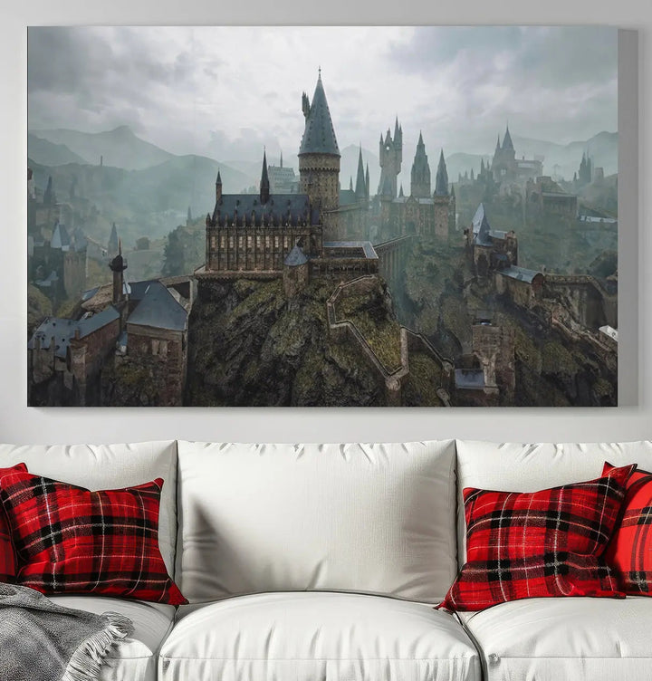 Disney Castle Wall Art Canvas Print, featuring a triptych of a fantasy castle with turrets and mountains in the background, crafted on museum-quality canvas.