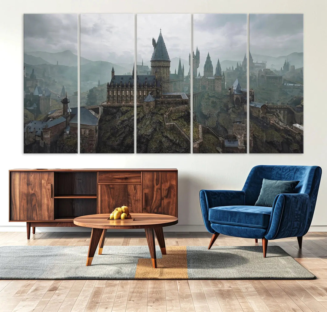 Disney Castle Wall Art Canvas Print, featuring a triptych of a fantasy castle with turrets and mountains in the background, crafted on museum-quality canvas.