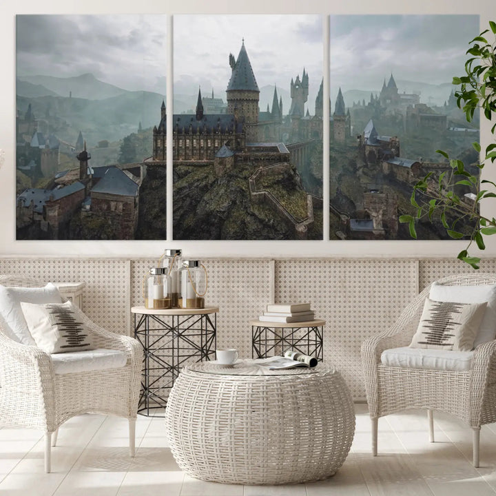 Disney Castle Wall Art Canvas Print, featuring a triptych of a fantasy castle with turrets and mountains in the background, crafted on museum-quality canvas.