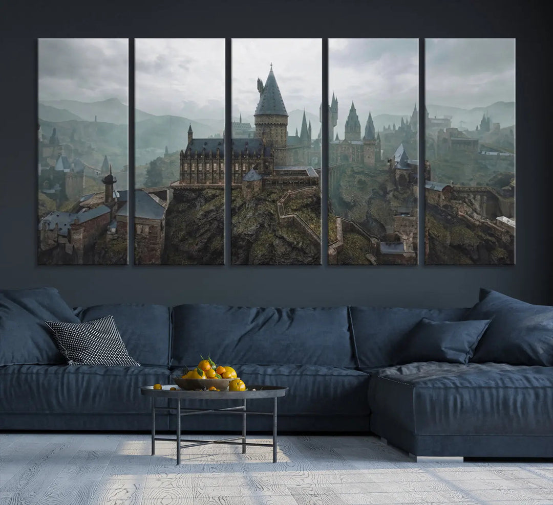 Disney Castle Wall Art Canvas Print, featuring a triptych of a fantasy castle with turrets and mountains in the background, crafted on museum-quality canvas.