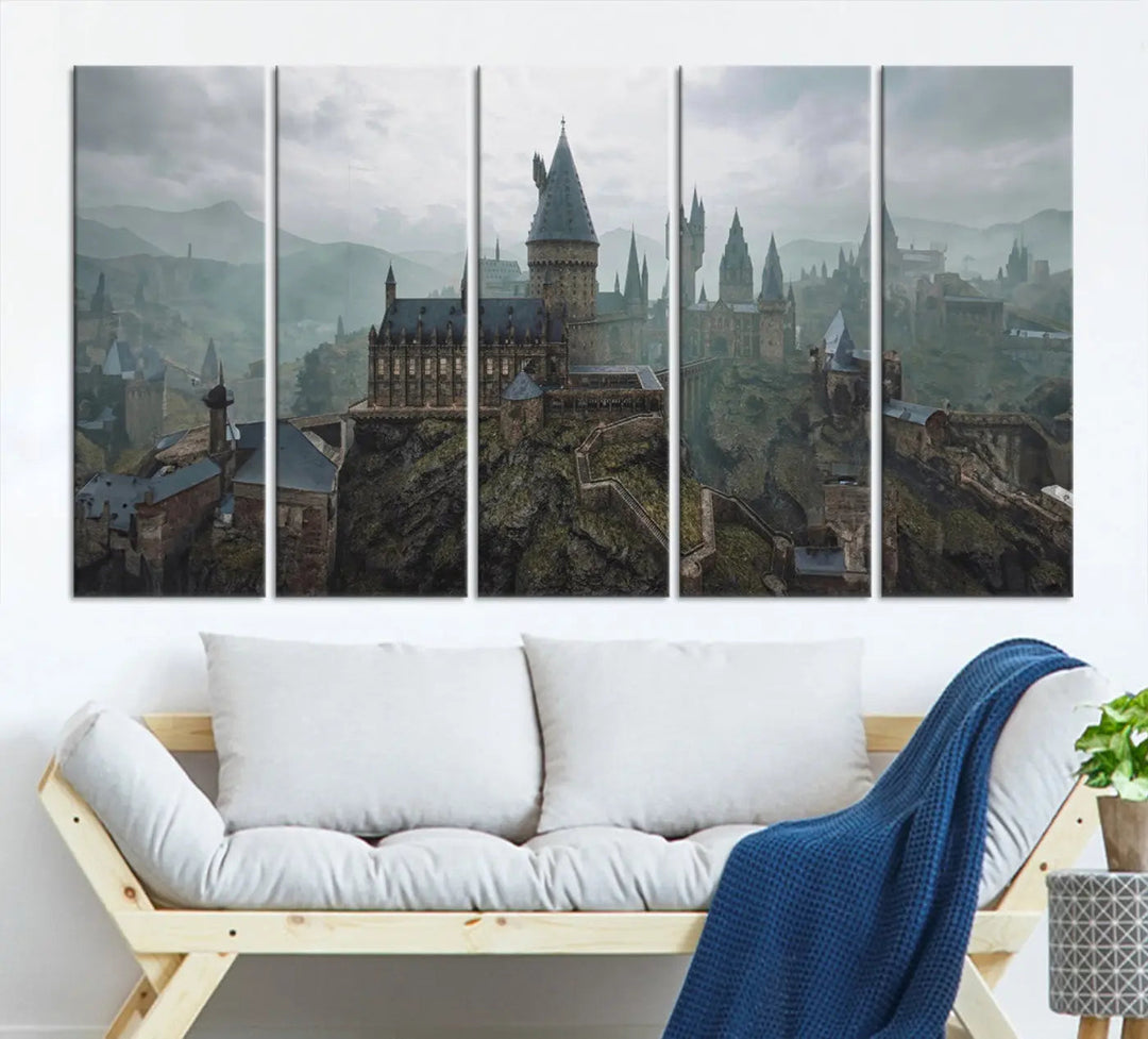 Disney Castle Wall Art Canvas Print, featuring a triptych of a fantasy castle with turrets and mountains in the background, crafted on museum-quality canvas.