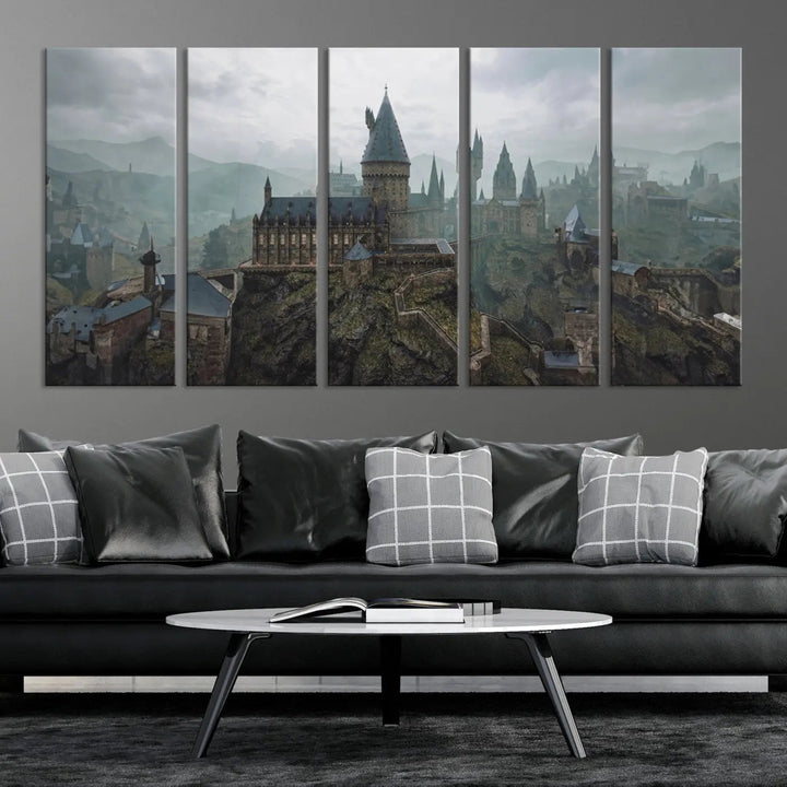 Disney Castle Wall Art Canvas Print, featuring a triptych of a fantasy castle with turrets and mountains in the background, crafted on museum-quality canvas.