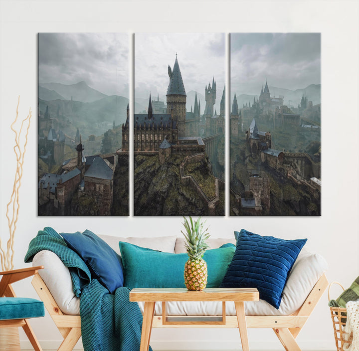 Disney Castle Wall Art Canvas Print, featuring a triptych of a fantasy castle with turrets and mountains in the background, crafted on museum-quality canvas.