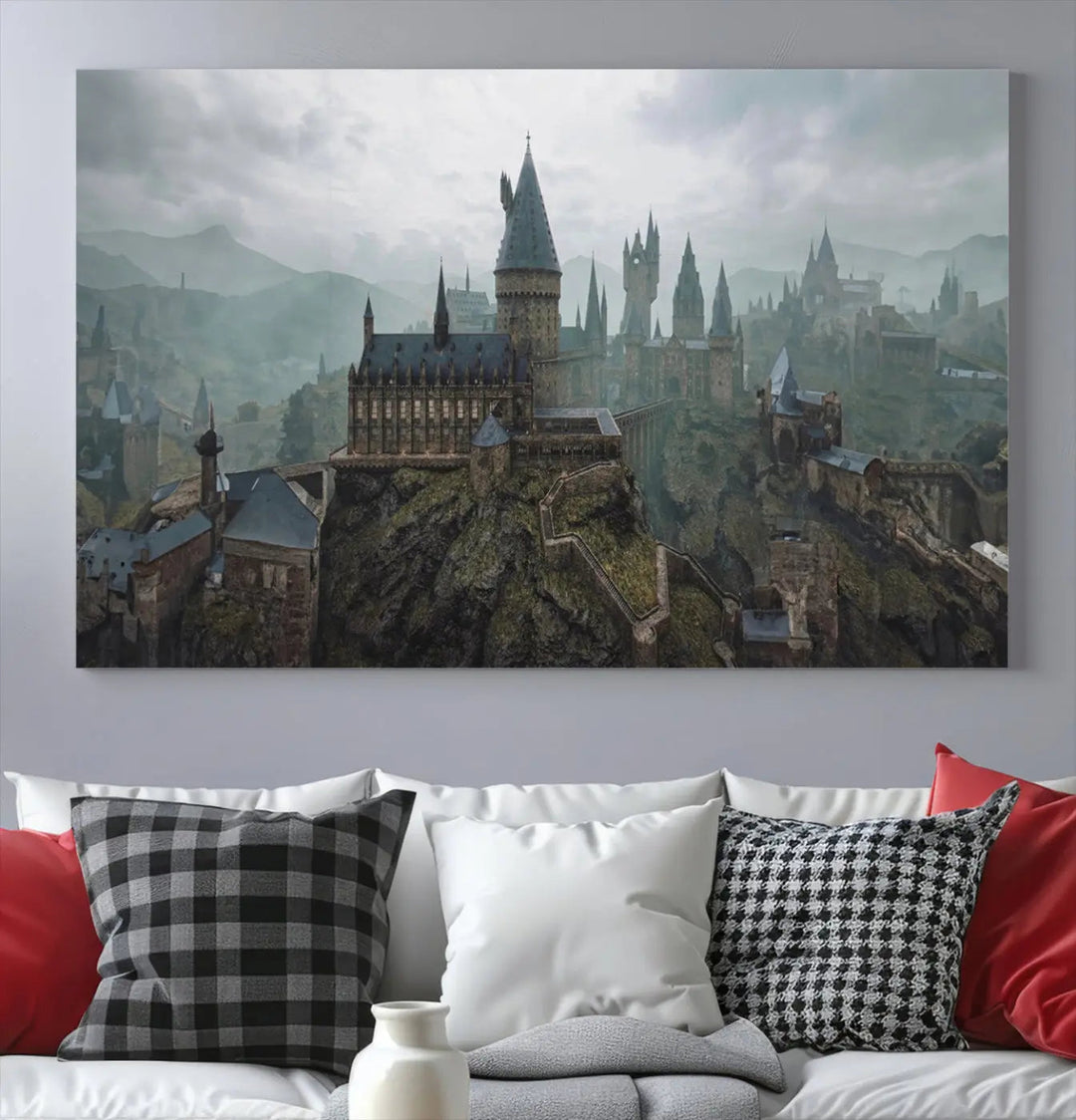 Disney Castle Wall Art Canvas Print, featuring a triptych of a fantasy castle with turrets and mountains in the background, crafted on museum-quality canvas.