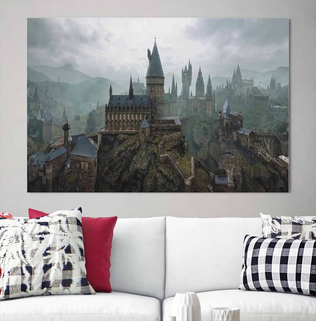 Disney Castle Wall Art Canvas Print, featuring a triptych of a fantasy castle with turrets and mountains in the background, crafted on museum-quality canvas.