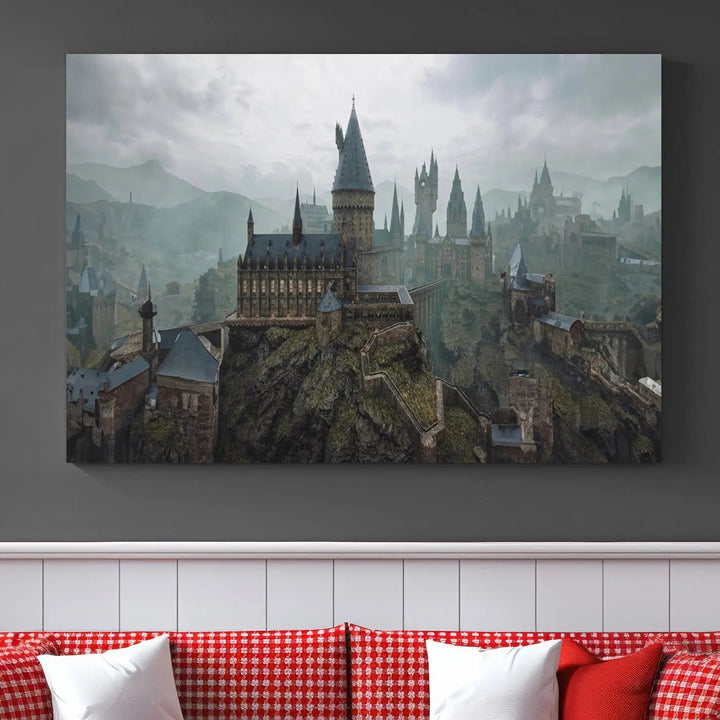 Disney Castle Wall Art Canvas Print, featuring a triptych of a fantasy castle with turrets and mountains in the background, crafted on museum-quality canvas.