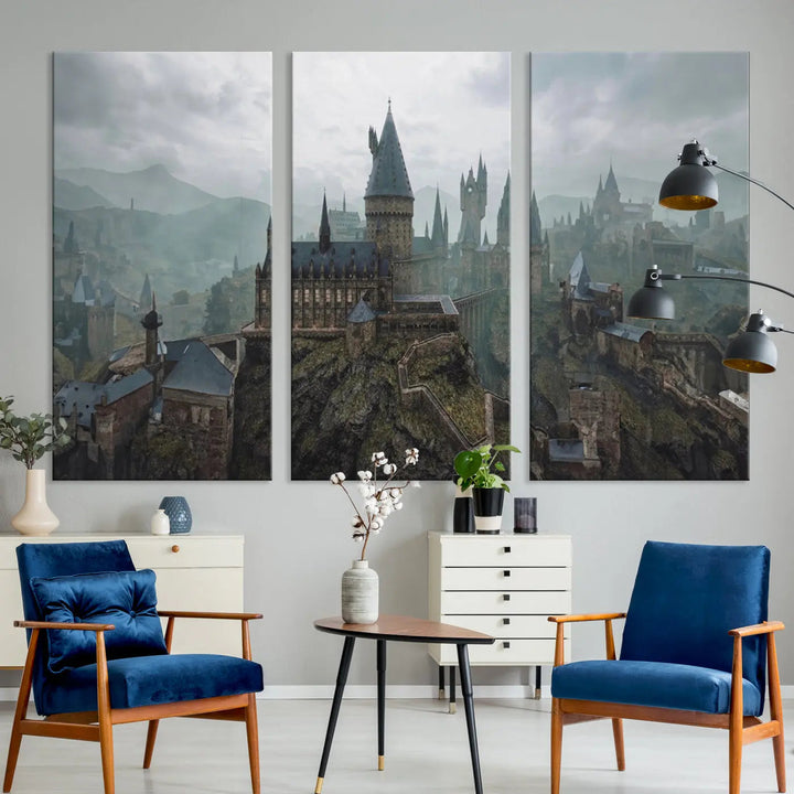 Disney Castle Wall Art Canvas Print, featuring a triptych of a fantasy castle with turrets and mountains in the background, crafted on museum-quality canvas.