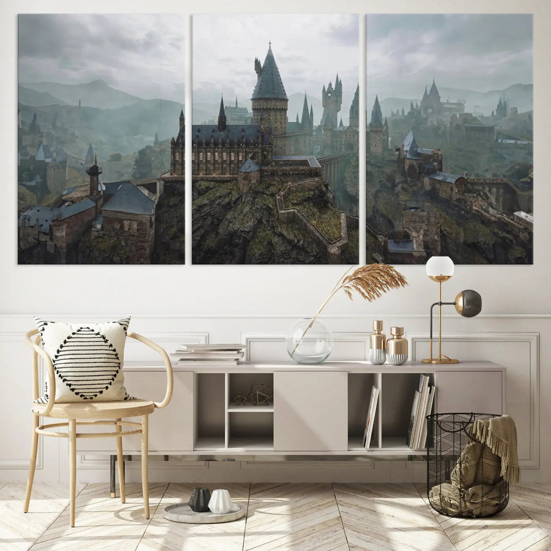 Disney Castle Wall Art Canvas Print, featuring a triptych of a fantasy castle with turrets and mountains in the background, crafted on museum-quality canvas.