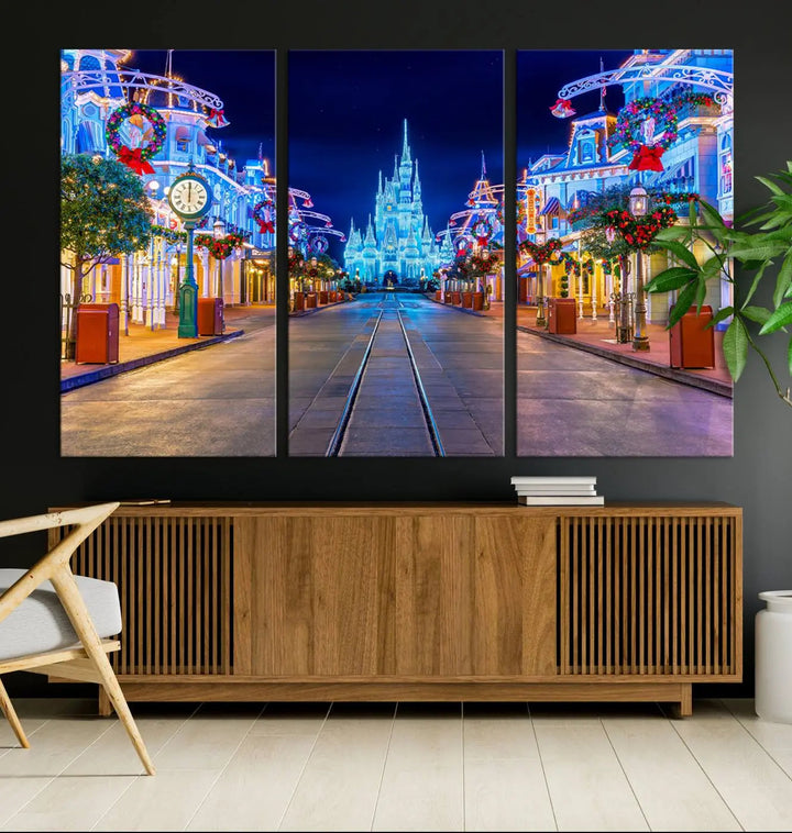 The three-panel art piece, known as the Disney Wall Art | Castle Large Wall Art Disney Magic Kingdom Print, beautifully showcases a brightly lit festive street featuring the enchanting Disney Castle.