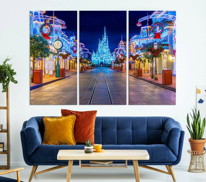 The three-panel art piece, known as the Disney Wall Art | Castle Large Wall Art Disney Magic Kingdom Print, beautifully showcases a brightly lit festive street featuring the enchanting Disney Castle.