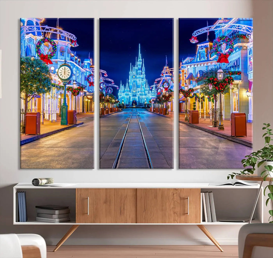 The three-panel art piece, known as the Disney Wall Art | Castle Large Wall Art Disney Magic Kingdom Print, beautifully showcases a brightly lit festive street featuring the enchanting Disney Castle.