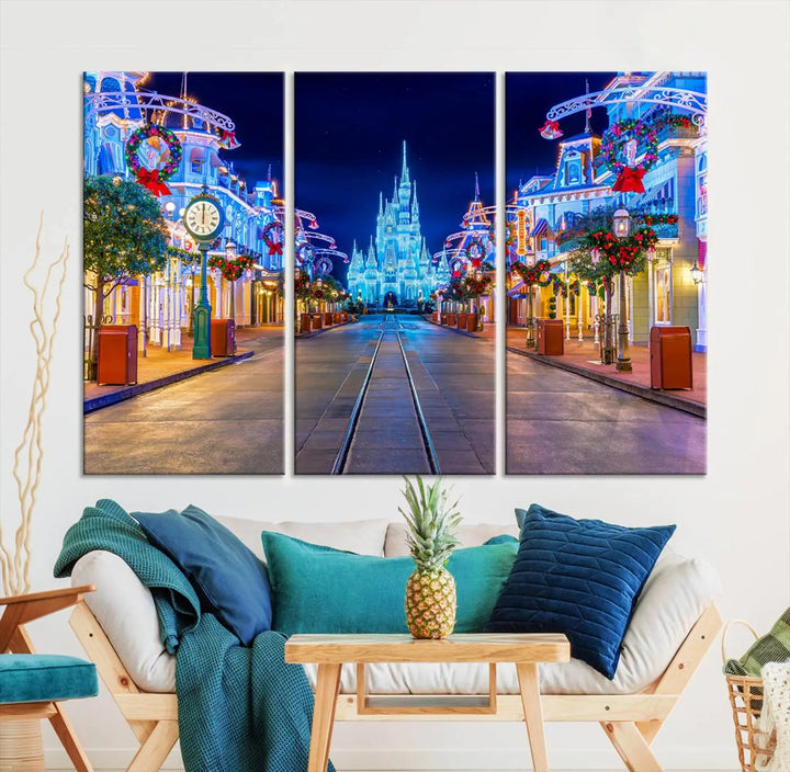 The three-panel art piece, known as the Disney Wall Art | Castle Large Wall Art Disney Magic Kingdom Print, beautifully showcases a brightly lit festive street featuring the enchanting Disney Castle.