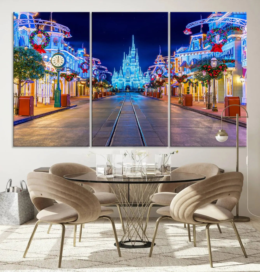 The three-panel art piece, known as the Disney Wall Art | Castle Large Wall Art Disney Magic Kingdom Print, beautifully showcases a brightly lit festive street featuring the enchanting Disney Castle.