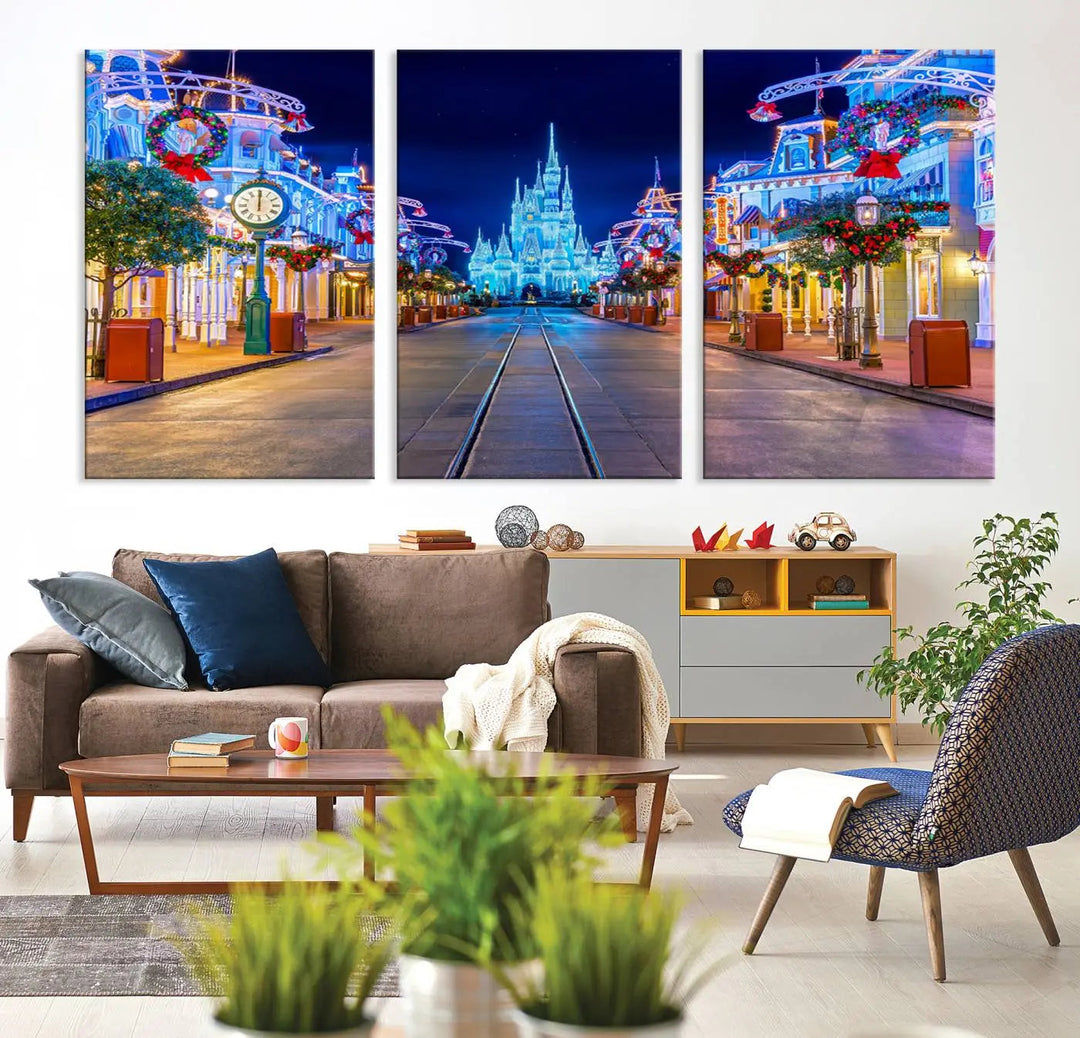 The three-panel art piece, known as the Disney Wall Art | Castle Large Wall Art Disney Magic Kingdom Print, beautifully showcases a brightly lit festive street featuring the enchanting Disney Castle.