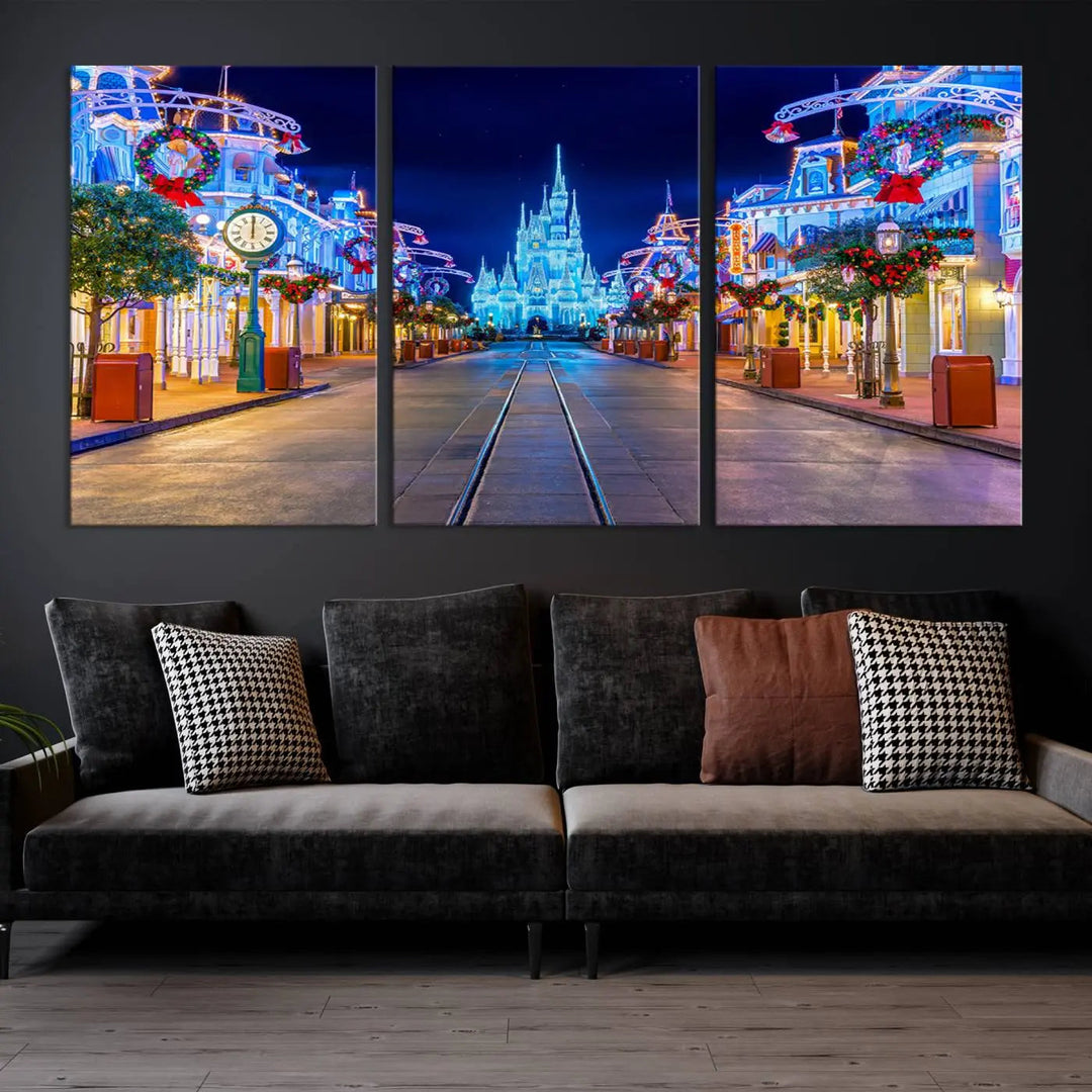 The three-panel art piece, known as the Disney Wall Art | Castle Large Wall Art Disney Magic Kingdom Print, beautifully showcases a brightly lit festive street featuring the enchanting Disney Castle.