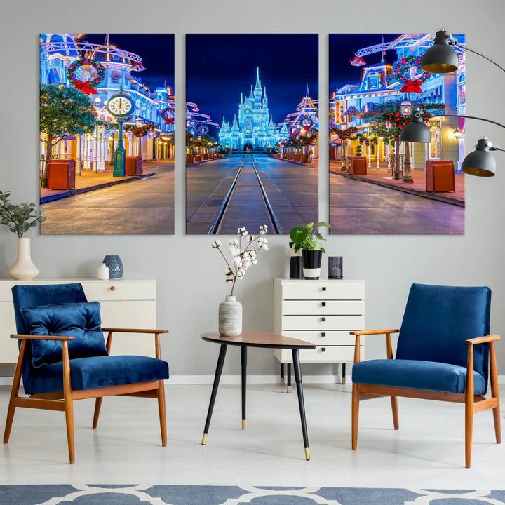 The three-panel art piece, known as the Disney Wall Art | Castle Large Wall Art Disney Magic Kingdom Print, beautifully showcases a brightly lit festive street featuring the enchanting Disney Castle.